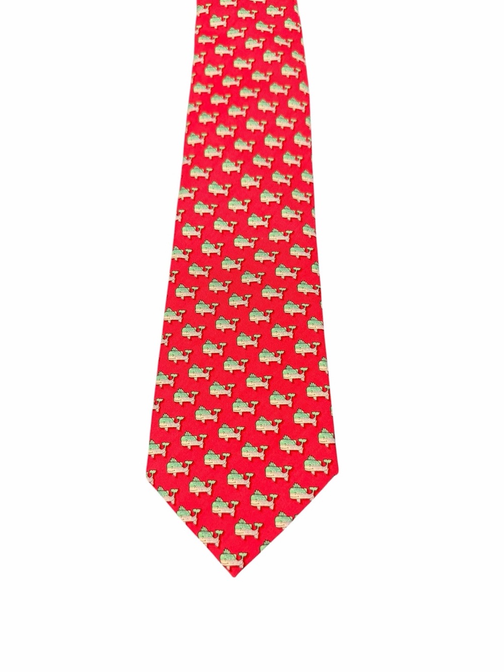 Vineyard Vines Silk Pink Tie with Green & Cream Whale Pattern